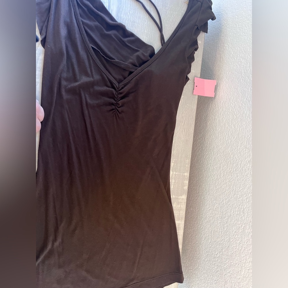 Brown V-Neck Ruffle Sleeve Top